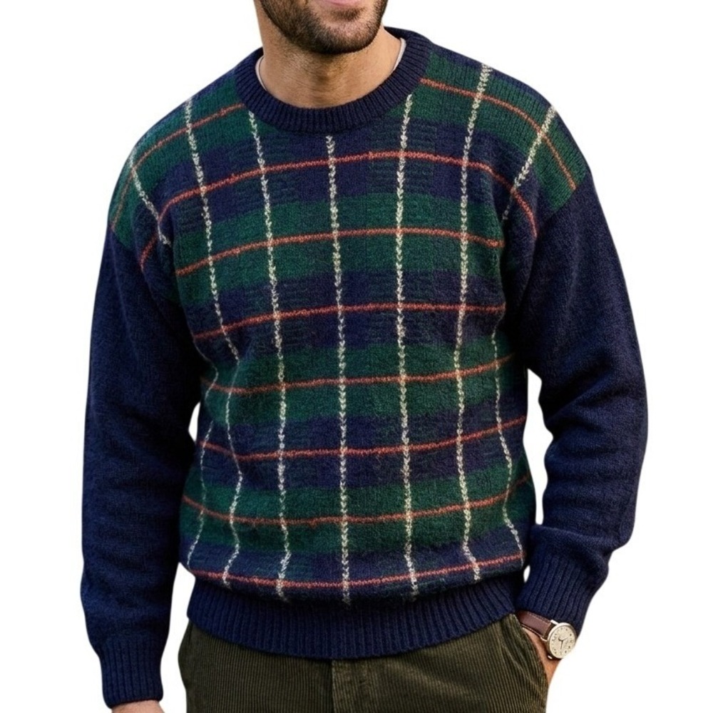 VTG Churchill Downs Made in England 100% Shetland Wool Plaid Sweater Large